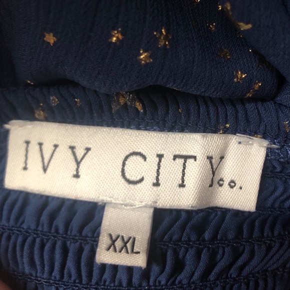 IVY CITY CO Starry Nights Navy Blue Gold Star Midi Dress Size XXL Holiday Party - Picture 6 of 7